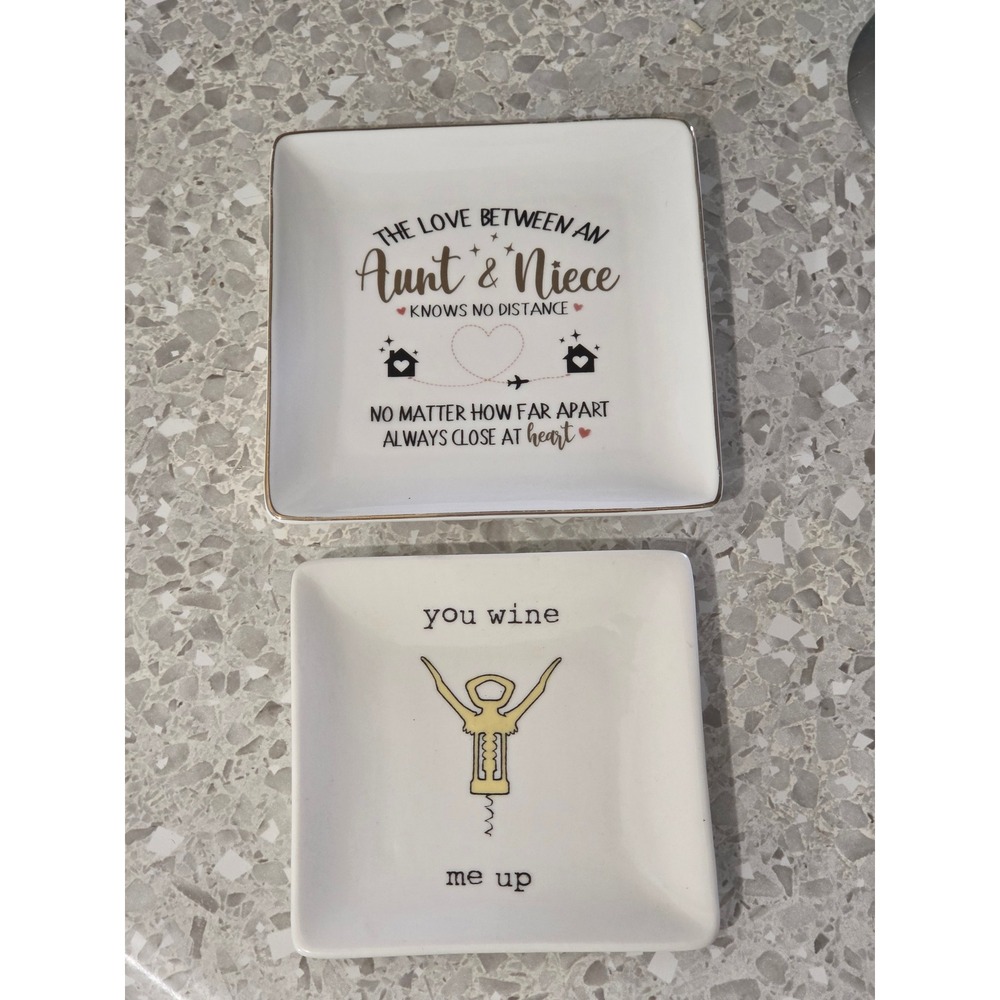 Pela Studio Ceramic Trinket Dish Set of 2 Aunt & Niece / Wine Pun Jewelry Dishes
